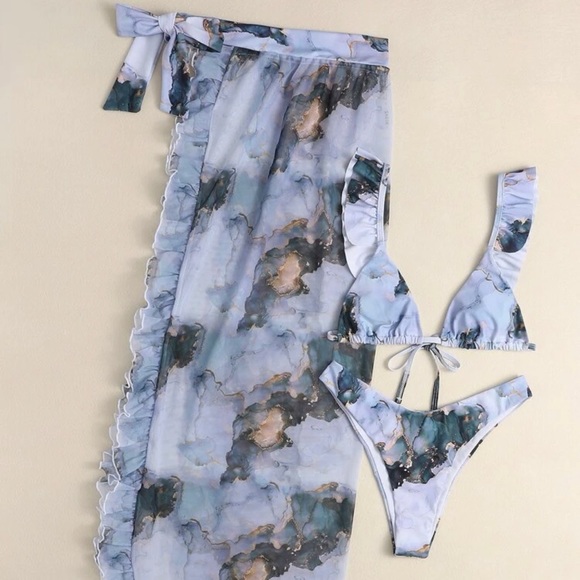 3 piece marble triangle bikini and beach cover skirt - Picture 2 of 3